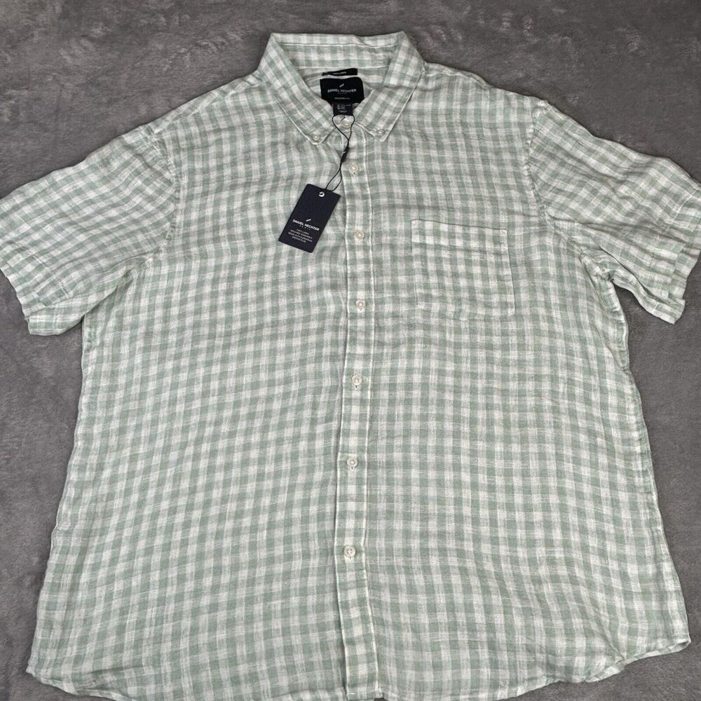 Daniel Hechter Shirt  Men's XXL Green‎ Plaid White Linen Casual Button Up New